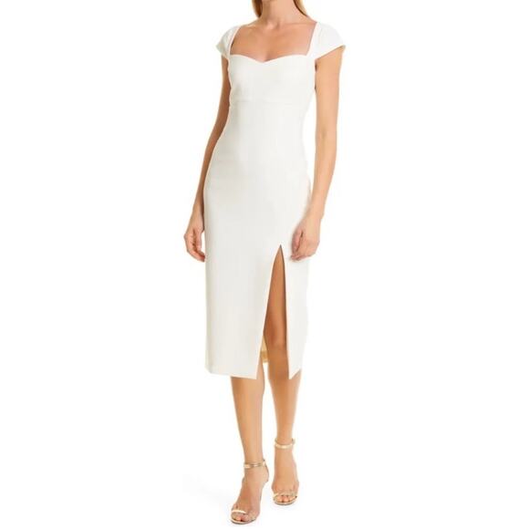 Likely White Cap Sleeve Thigh Slit Sweetheart Neck Midi Rosalia Dress 14 - Picture 1 of 9